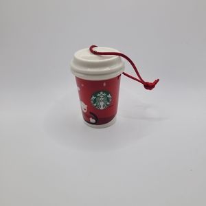 Starbucks 2.5” Ceramic Christmas Ornament Red Holiday To Go Cup Dog on Sled